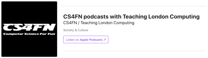 CS4FN logo plus image of text which references our podcast listing on Apple