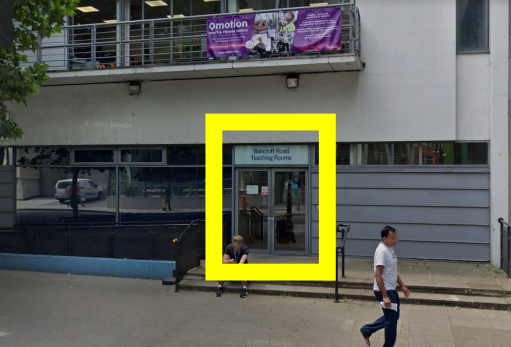 Doors to Bancroft Road Teaching Rooms highlighted with yellow rectangle.